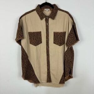 New Umgee Leopard Animal Print Button Down Short Sleeve Denim Shirt Top Boho